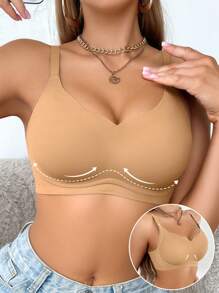 SHEIN 1 件女士休闲无缝无线纯色贴身内衣，带波浪下摆 - 杏色 - 查看 2