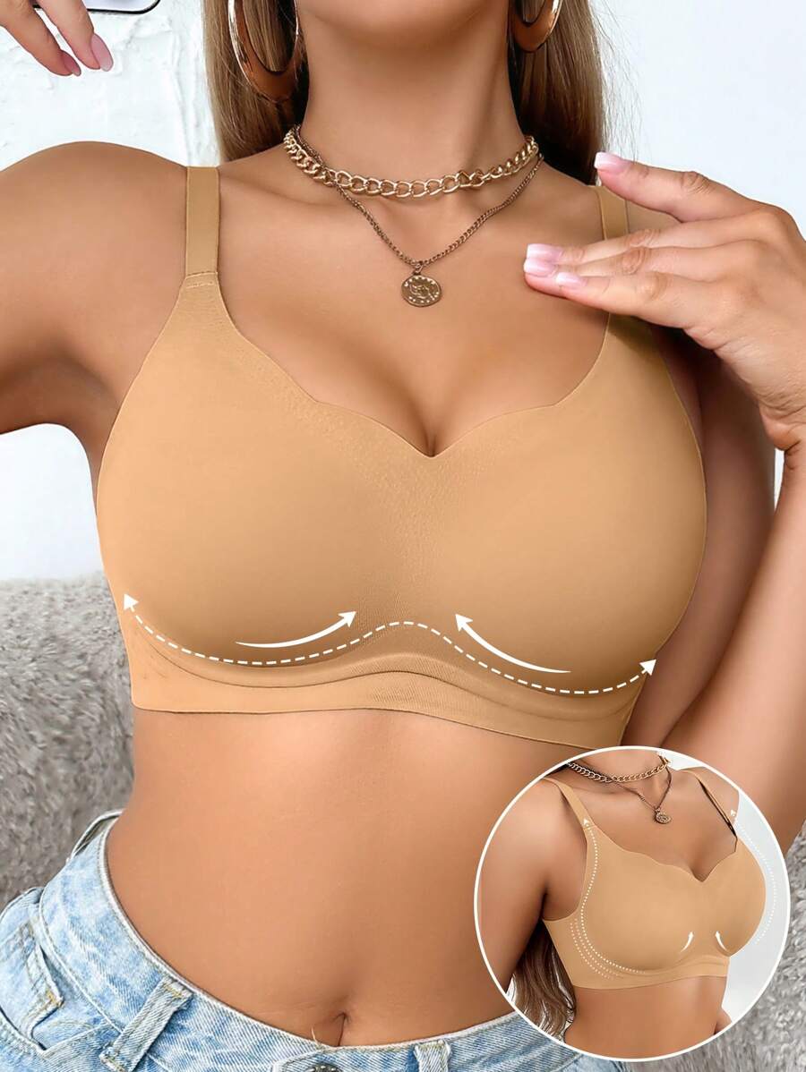 SHEIN 1 件女士休闲无缝无线纯色贴身内衣，带波浪下摆