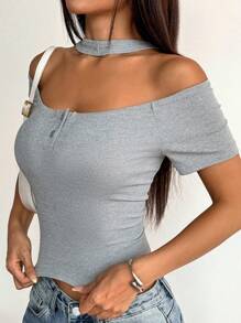 INAWLY Áo crop top tay ngắn hở vai ôm vừa vặn hở nửa nút đơn giản cho nữ, mùa hè, size thường - Xám - Xem 4
