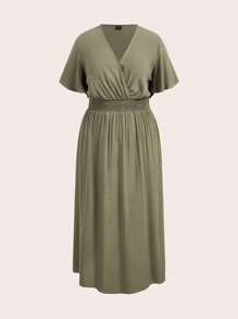 SHEIN BASICS Plain Woven V-Neck Short Sleeve Side Slit Long Dress, Plus Size - Army Green - View 1