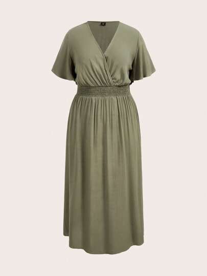 SHEIN BASICS Plain Woven V-Neck Short Sleeve Side Slit Long Dress, Plus Size