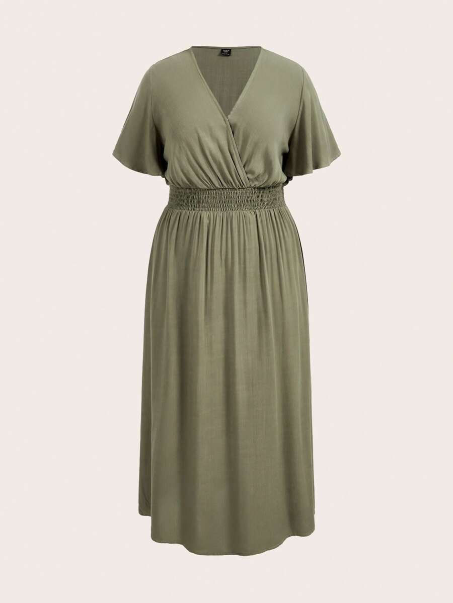 SHEIN BASICS Plain Woven V-Neck Short Sleeve Side Slit Long Dress, Plus Size - Army Green - View 1