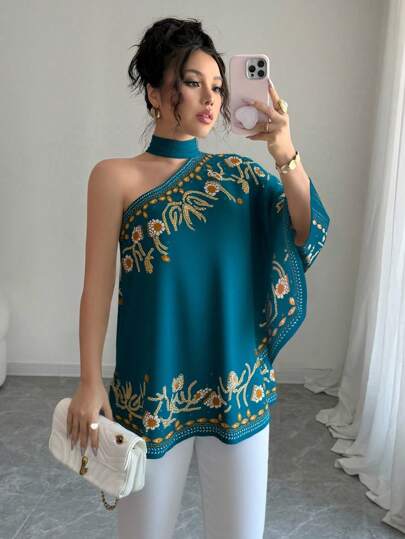 Rafferiza Women's Elegant Printed One Shoulder Batwing Sleeve Asymmetrical Hem Tied Blouse