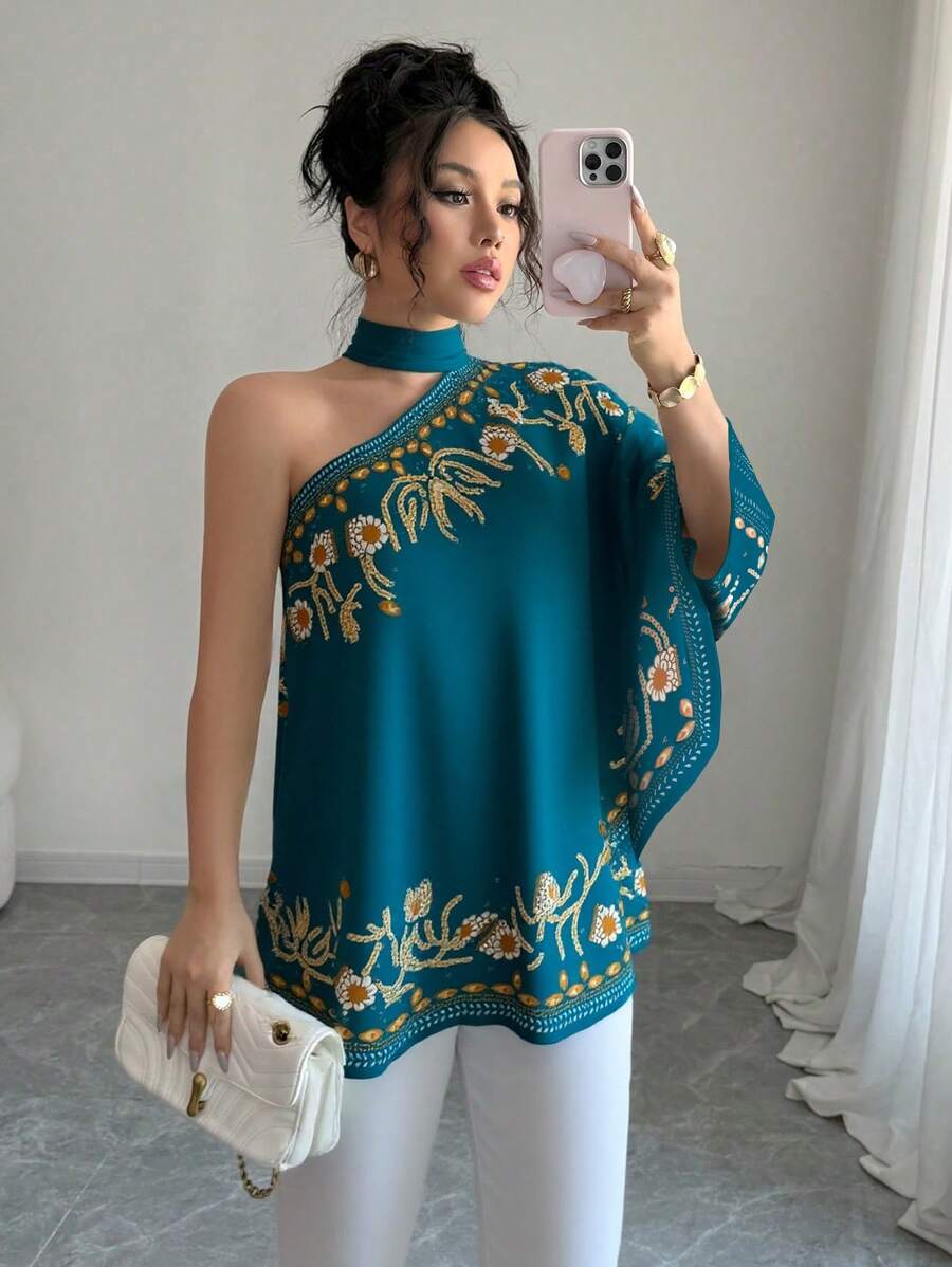 Rafferiza Blusa elegante de mujer con un hombro, manga de murciélago, bajo asimétrico y con lazo