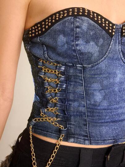 J-Fashion Top corto vaquero decorado con cadena y tachuelas estilo "Baddie" Y2K para mujer