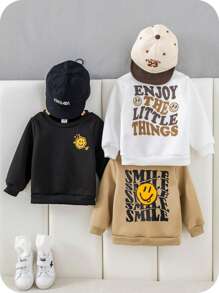 SHEIN 3 Stücke Baby Jungen Allround Pullover Sweatshirts mit süßem Cartoon Gesichtsmuster in Schwarz, Weiß und Beige, geeignet für Frühling, Herbst und Winter