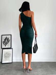 EURMUSE Váy suông dài vừa phải xếp ly không tay màu trơn cho nữ - Màu xanh lá cây đậm - Xem 2