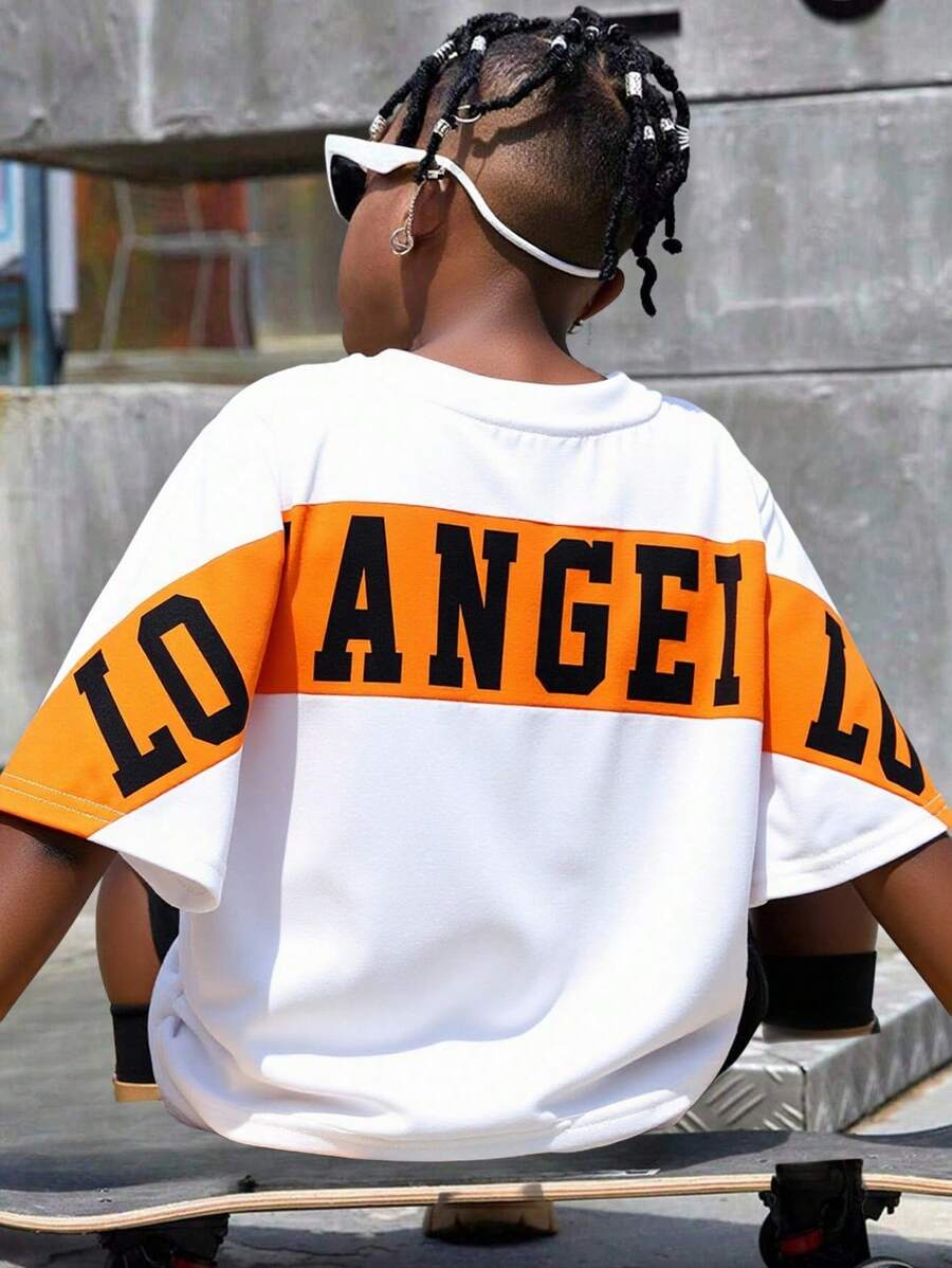 青少年男孩休闲韩版图案字母印花拼色圆领短袖上衣，适合通勤、上学、日常休闲装、运动、春夏秋冬