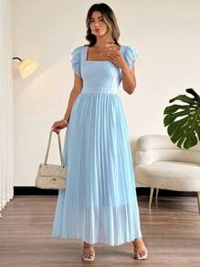 SHEIN LUNE Plus Size Elegant Square Neck Multi-Layer Ruffle Cap Sleeve Chiffon Pleated Splice Dress - Baby Blue - View 6