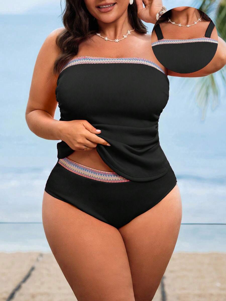 Swim Lushoire Plus Size Women Pink Sling Bandeau Splicing Contrast Color Slimming High-End Beach Resort Swimsuit For Summer Beach Vacation - Black - View 1