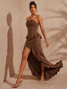 Hauture 纯色荷叶边高开衩挂脖连衣裙