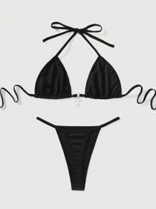 ROMWE Gothic Goth Style Bow Cross Rhinestone Halter Bra And Thong Lingerie Set With Bandage - Black - View 2