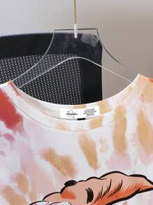SpongeBob SquarePants X SHEIN Maglietta estiva casual da uomo, stile strada, grafica a cartone animato, Tintura a nodi, spalla cadente, vestibilità larga