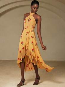 GENKIRA Elegantes und raffiniertes vintage französisches charmantes personalisiertes Urlaubs-Design hochwertiges Chiffon-Romantik-Kleid mit Polka-Punkt- und Blumenprint, Kreuz-Ausschnitt, geraffter Taille, schlanker Passform, Volant-Saum, ärmelloس für Frauen - Gelb - Übersicht 5