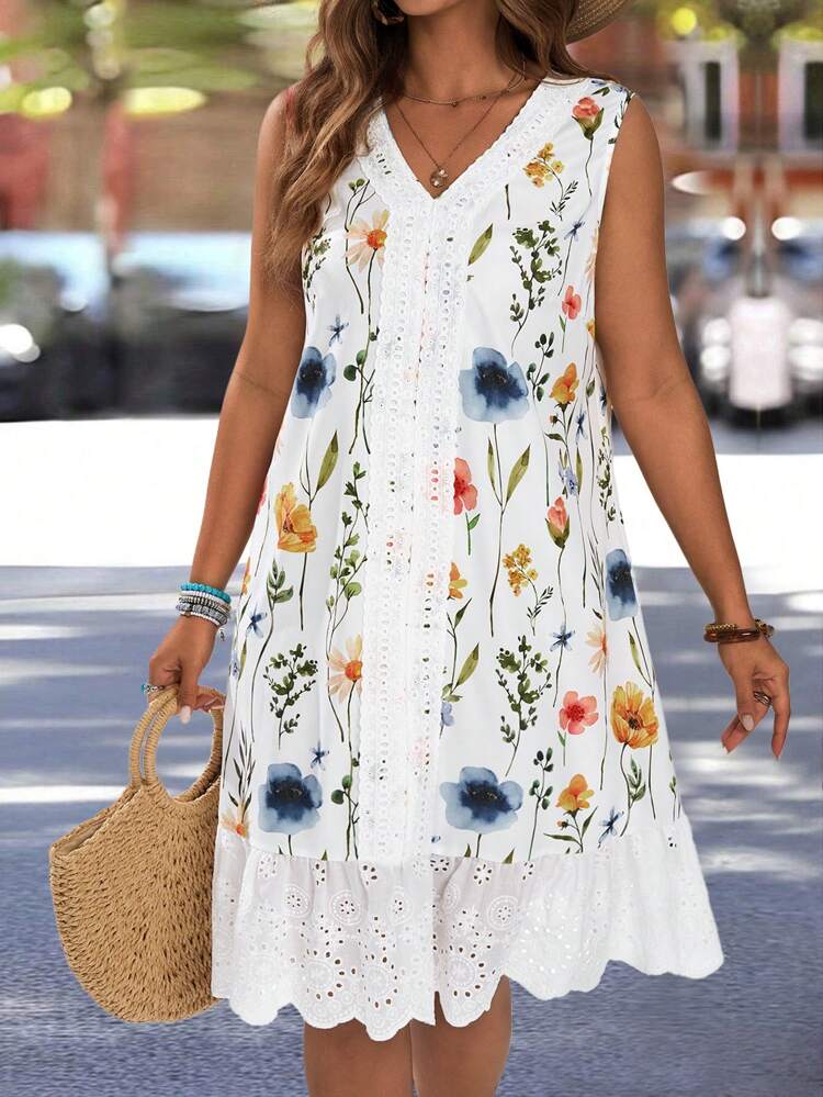 Plus Size Women Summer Vacation V-Neck Sleeveless Floral Print Patchwork Embroidery Trim Dress,Summer Holiday,Vacation Outfits Women,Simple And Fashionable For Everyday Wear,Vacay Vibes,Springbreak,Casual Wear SS,Bohemia,Summer Dresses For Women,Dresses Casual,Flowy Dress