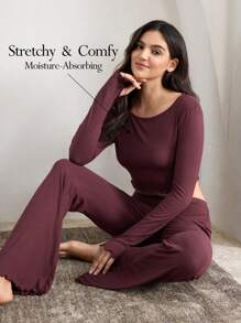 Ocili Ocili Leisure Women Ribbed Crew Neck Long Sleeve Ruffled Top & Flared Pants Casual Suit Set Outfit