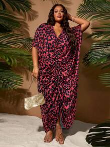 SHEIN SXY 大码女式春夏优雅性感豹纹凹纹时尚开衩前聚拢连衣裙 - 紅色 - 查看 1