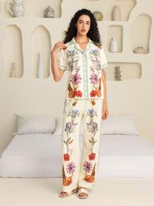 SHEIN Touch of Art 女士花卉印花翻领短袖衬衫和裤子睡衣套装，夏季 - 杏色 - 查看 3