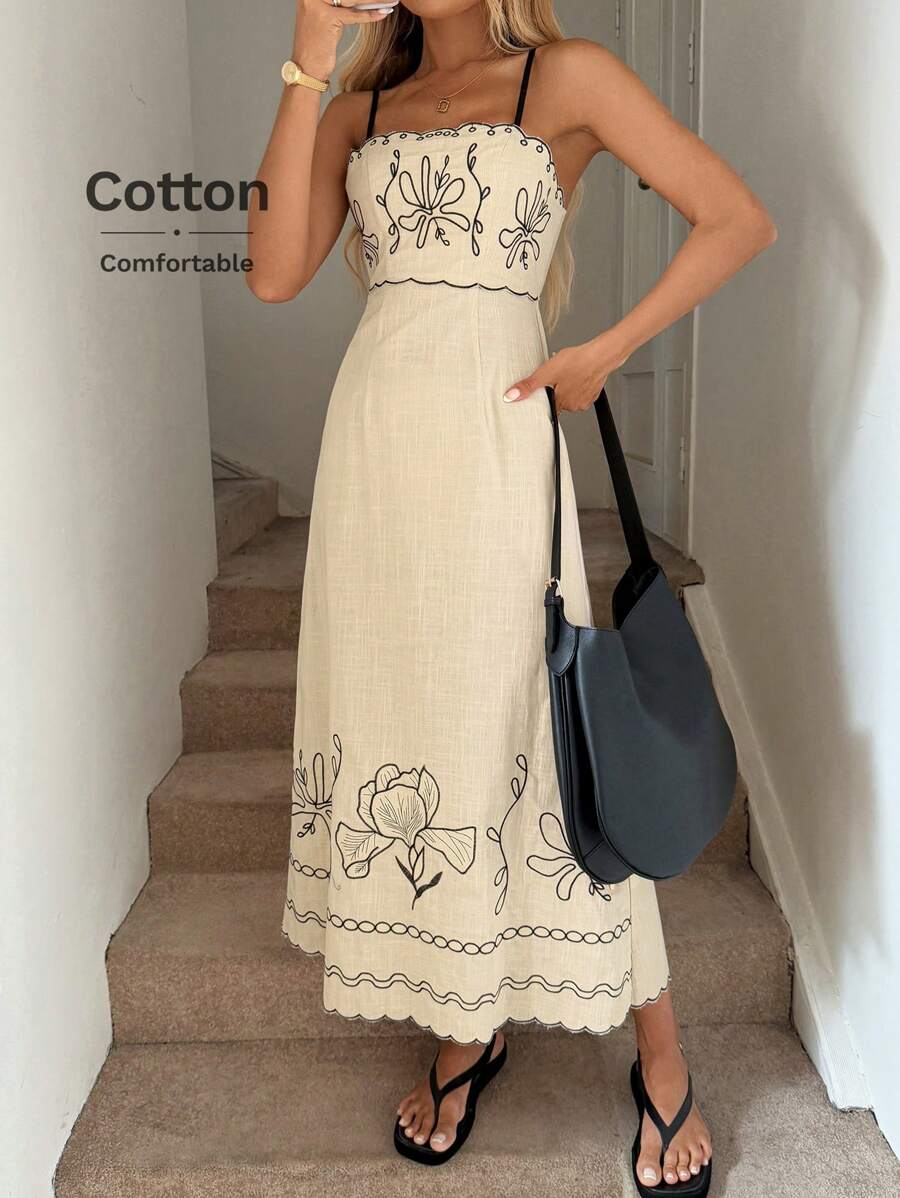 Easowa 休闲度假扇形下摆花卉刺绣与波浪刺绣杏色吊带长裙，露背蝴蝶结设计，适合日常穿着、朋友聚会、度假、通勤，竹纤维棉质面料，春夏