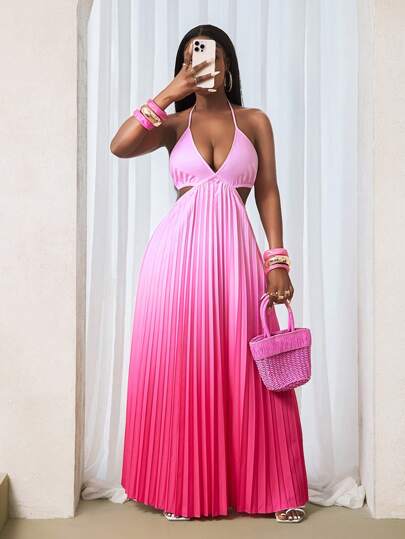 BamGleam Ombre Color Pleated Backless Sexy Halter Neck Sleeveless Dress