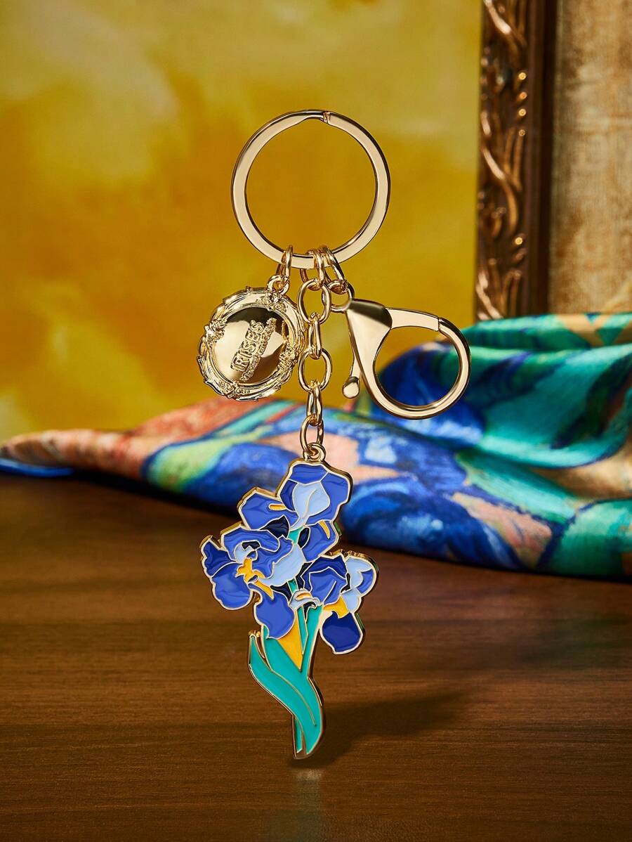 SHEIN Touch of Art 时尚优雅的梵高艺术鸢尾花锌合金钥匙扣/吊坠，可作包包装饰，亦可作礼物、夏季服饰、春季服饰、海滩度假等场合的装饰品。 - 彩色 - 查看 1