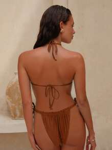 Swim Chiccia 女士夏季海滩音乐节棕色闪亮面料串珠露背系带丁字裤性感度假风格比基尼套装