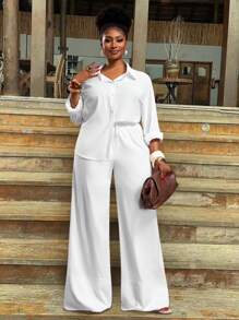 Slaydiva Set de 2 piese pentru femei, mărime plus, primăvară/vară - cămașă lejeră, cu mânecă lungă, de culoare albă, cu imprimeu floral, pantaloni extra lați, ultra lungi, ținută elegantă pentru naveta și vacanță, casual și zilnică, set de două piese pentru femei - alb - Vizualizare 2