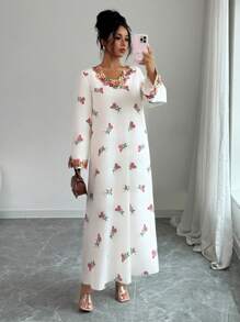 Yasmyna 女士红色印花V领拼接缎带饰边宽松长袖阿拉伯连衣裙 - 彩色 - 查看 3