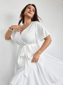 SHEIN Privé Váy midi buộc dây xếp ly màu trắng thanh lịch, thích hợp khi đi làm, du lịch, mua sắm - trắng - Xem 4