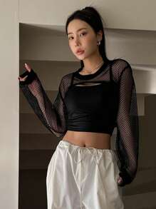 DAZY 1pc Hollow Out Super Crop Top Going Out Tops Festival Sheer,Beach Outfits Long Sleeve Women Tops - Black - View 6