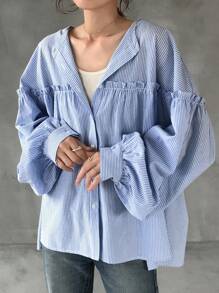 FRIFUL 女式长袖条纹面料拼接荷叶边褶饰宽松休闲百搭正式衬衫，秋季女装 - 藍色 - 查看 3