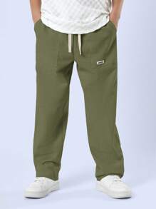 SUMWON 优质亚麻阔腿夏季直筒抽绳休闲沙滩裤，轻盈透气，适合秋冬春装度假穿着 - 橄欖綠 - 查看 4