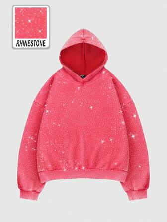 Street Life Sudadera holgada con capucha y estampado de diamantes completo de peso pesado para hombre, ropa urbana