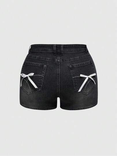 Kawaii Pantaloncini di jeans elasticizzati con decorazione a farfalla, taglie comode, estivi