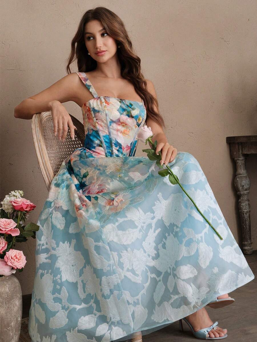 SHEIN Unity Long Floral Dress For Women Blue Boho Maxi Dress With Floral Print And Straps Neckline - Blue - View 1