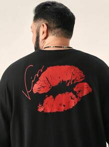 EASEVO Plus Size Men's Loose Fit Red Lip Print Short Sleeve T-Shirt - Black - View 2
