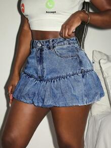 Slaydiva 休闲可爱派对女式牛仔蓬松迷你裙 - 深色水洗藍 - 查看 4