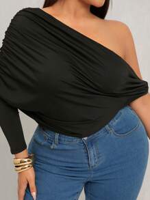 SHEIN X Phaith Montoya SHEIN SXY Blusa de hombros descubiertos elegante y sexy para mujer de talla grande, apta para uso diario - Negro - Ver 3