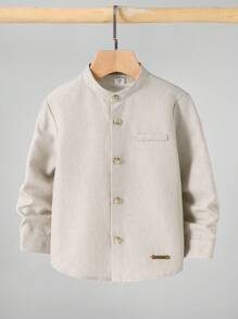 儿童男孩休闲立领纽扣衬衫，卡其色衬衫，基本款上衣，返校季，适合花园、海滩、生日