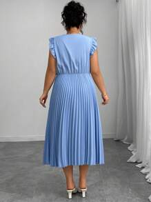 Elenzga Plus Size Women Woven Ruffle Splicing V-Neck Waist Pleated Dress, Elegant Blue, Spring & Summer - Blue - View 2