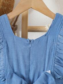 全新少女夏日度假荷叶边袖+蝴蝶结后背蓝色阔腿连体裤 - 藍色 - 查看 4