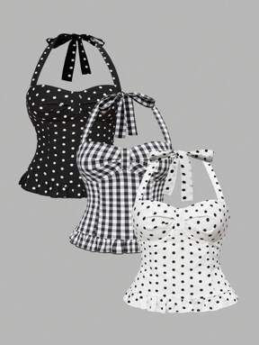ROMWE Avant Women's Vacation Style Polka Dot & Plaid Criss-Cross Open Back Camisole Set