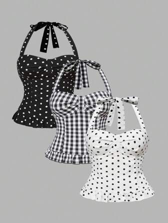 ROMWE Avant Women's Vacation Style Polka Dot & Plaid Criss-Cross Open Back Camisole Set