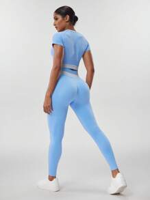 SHEIN Sports 女士拼色短袖长裤无缝运动套装 - 藍色 - 查看 2