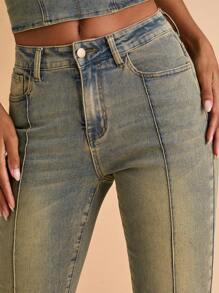 SHEIN BAE Quần Jeans Denim Ống Loe Thiết Kế Túi Cho Nữ Đa Năng Thường Ngày - Rửa nhẹ - Xem 6