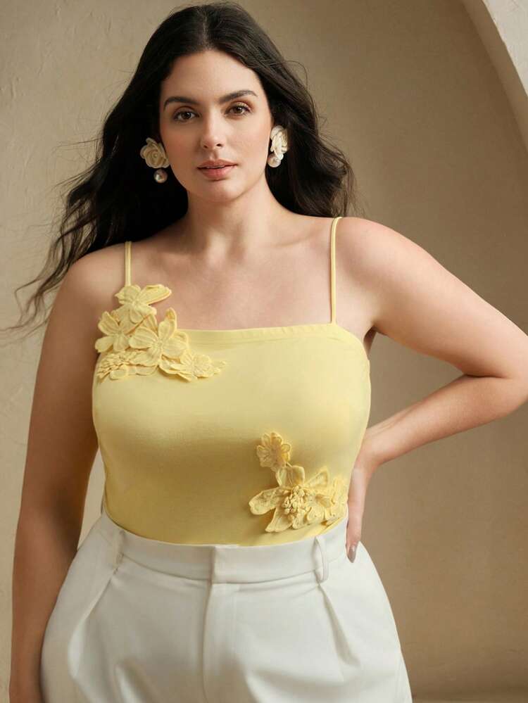 Plus Size Elegant Asymmetrical 3D Floral Yellow Camisole With Adjustable Straps, Elastic, Slimming, Suitable For Summer, Beach, Holiday, Casual, Elegant