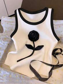 INAWLY 女士优雅修身花卉拼色圆领休闲罗纹背心 - 白色 - 查看 1