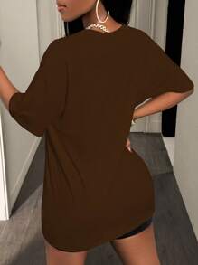 Zolique Women's Drop Shoulder T-Shirt 2pcs/Set With Heart And Leopard Print - Multicolor - View 2