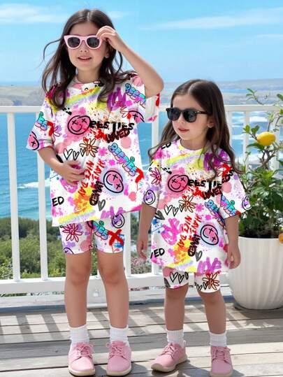 Sött & Coolt Graffiti-Ansiktstryck, Avslappnad Minimalistisk Lös Passform Rundhalsad Kortärmad T-shirt och Slimma Cykelshorts Set, Lämplig För Vår/Sommar, Cool Wear Kollektion, Sommarkläder För, Strandmode, Bikercore