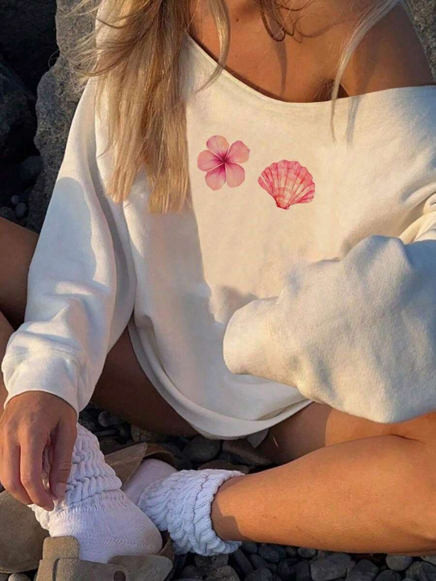 SHEIN EZwear 女士休闲露肩宽松长袖运动衫，海星印花，芙蓉印花，贝壳印花 - 白色 - 查看 1